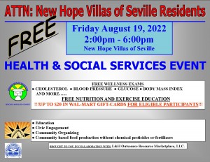 FREE HEALTH & SOCIAL SERVICES EVENT AT THE NEW HOPE VILLAS OF SEVILLE @ NEW HOPE VILLAS OF SEVILLE