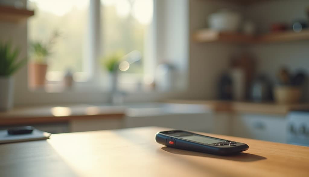 Glucose meter on a kitchen table for daily blood sugar monitoring